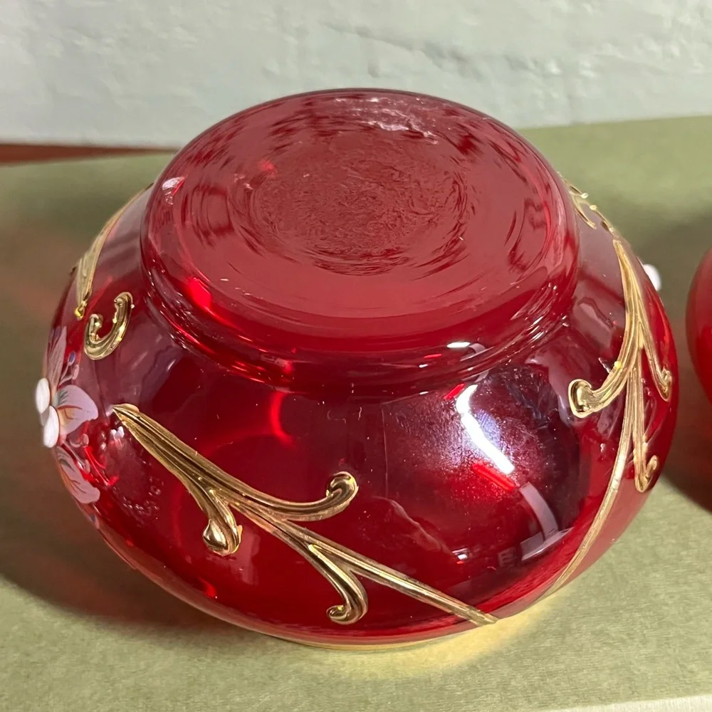 Authentic Bohemian Czech Ruby Red Cased Glass Jar Hand Painted 24K Gold